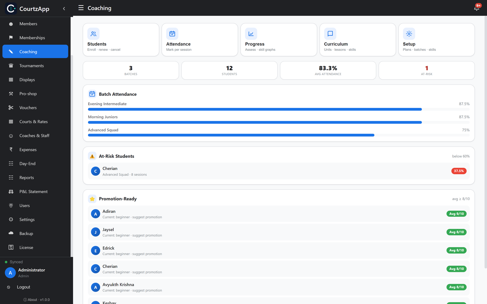 Run coaching — batches, enrollment, attendance & skill evaluation