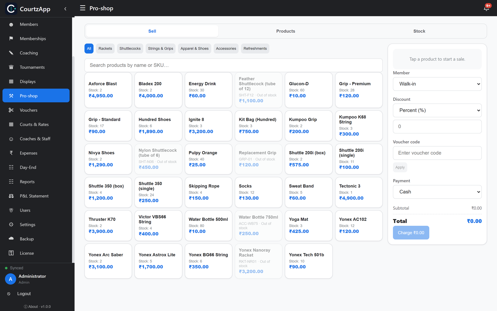 Built-in pro-shop — counter sales, stock & low-stock alerts