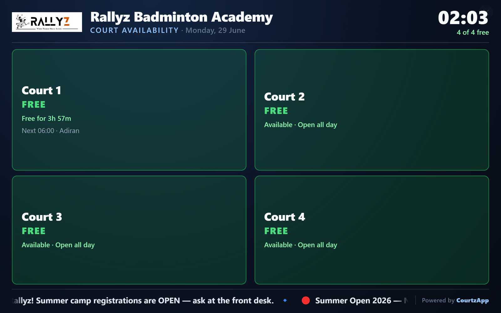 Put live court availability on a lobby TV — with your branding