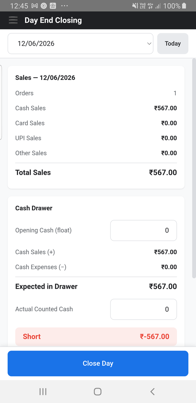 Day-end cash reconciliation